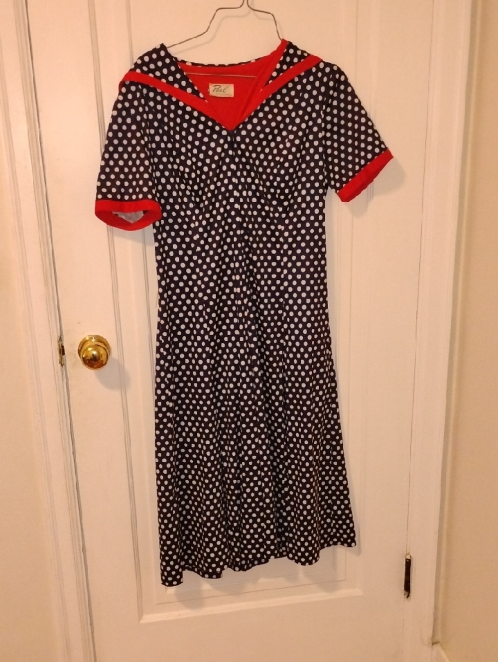 Vintage Polka Dot Sailor-Style A-Line Dress with Red Trim